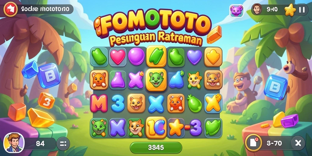 Tampilan menarik dari gameplay Match-3 FOMOTOTO dengan permata berwarna-warni.