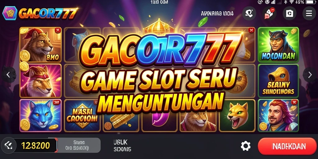 Tampilan gameplay utama GACOR777 dengan gulungan slot yang penuh warna.