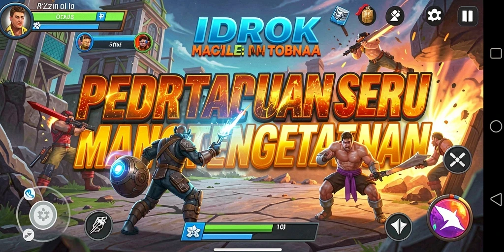 Screenshot utama IDROK menampilkan pertarungan intens dengan karakter beragam.