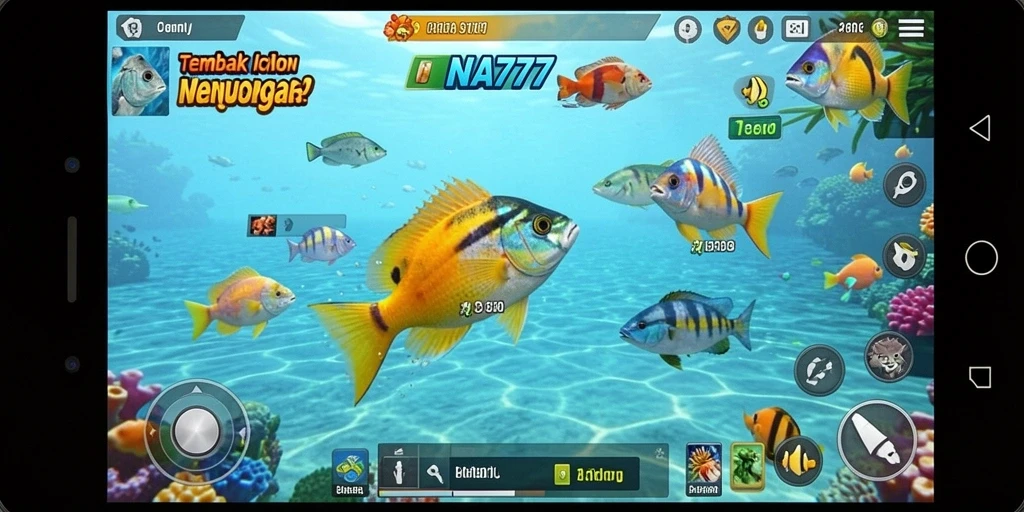 Tampilan gameplay menarik dari NA777 saat menembak ikan berwarna-warni.