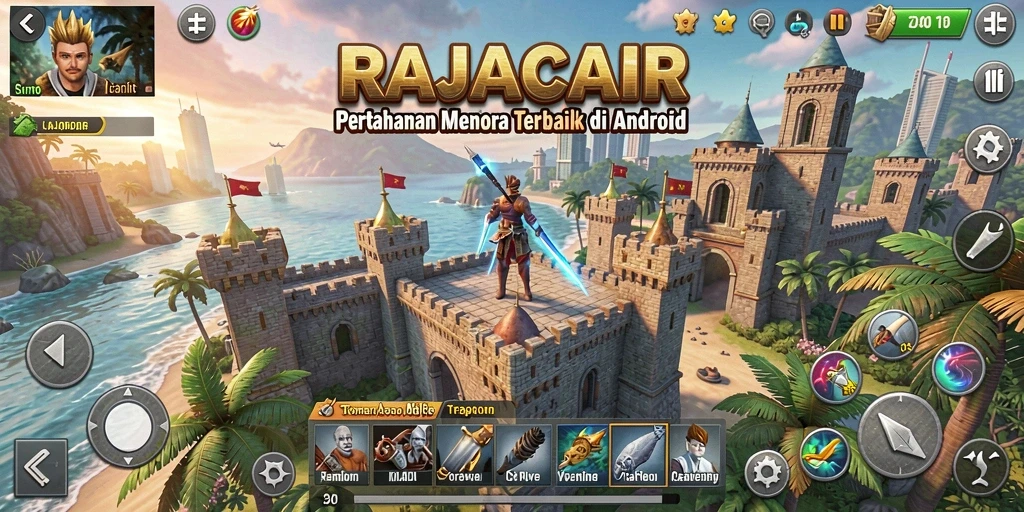 Tampilkan gameplay megah di RAJACAIR, serangan menara melawan musuh.