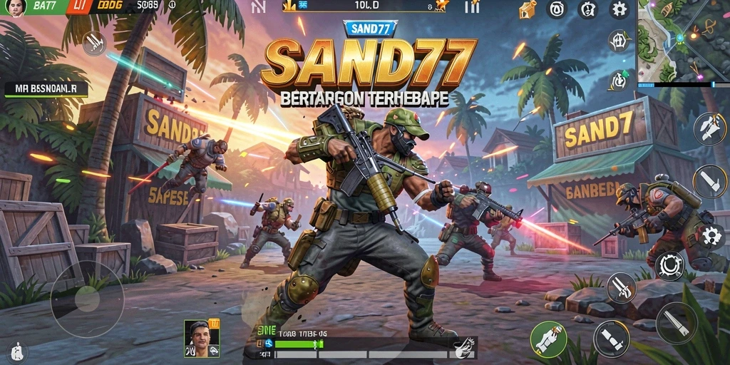 Tampilan gameplay intens dari SAND77 di medan perang Battle Royale.