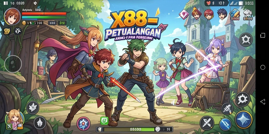 Tampilan screenshot X88 yang menampilkan aksi karakter anime dalam permainan.